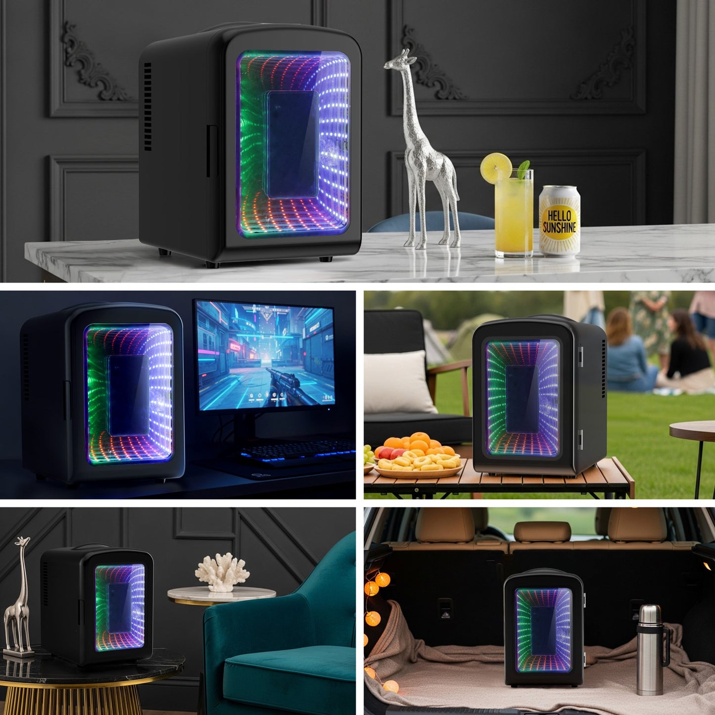 Auseo 4L Mini Fridge Personal with LED, Portable Cooler & Warmer for Bedroom, Office, Car, Small Refrigerator for Skincare, Drinks & Gaming Room, AC/DC Powered, Black