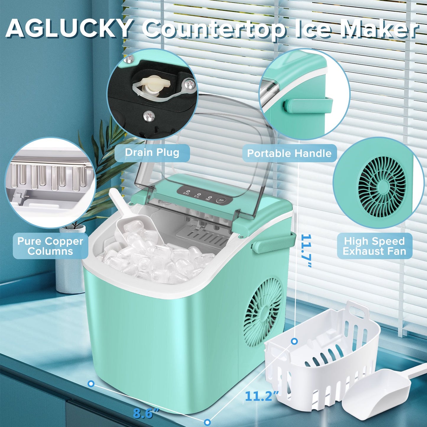 Auseo 26 lbs/24H Countertop Ice Maker Machine, 9 Bullet-Shaped Ice in 6 Min, Auto-Cleaning, Green