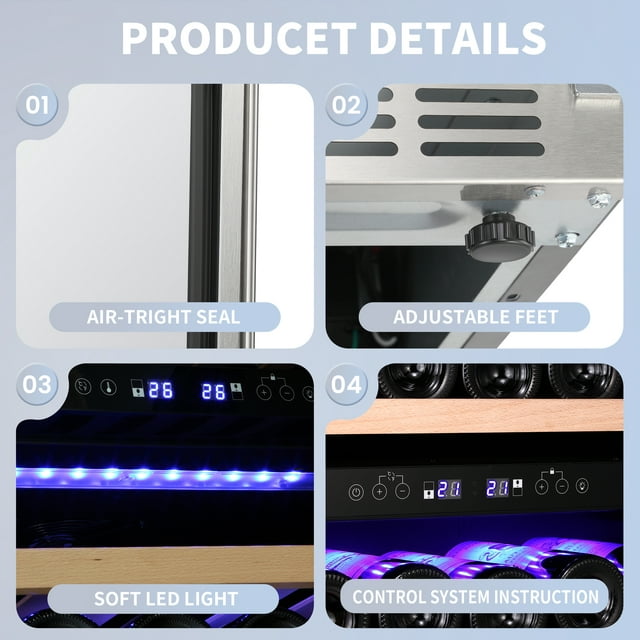 Auseo 24" Wine Cooler, Beverage Refrigerator, Large Capacity, Double-Layer Tempered Digital Temperature Memory Function, Glass Door, 46 bottles