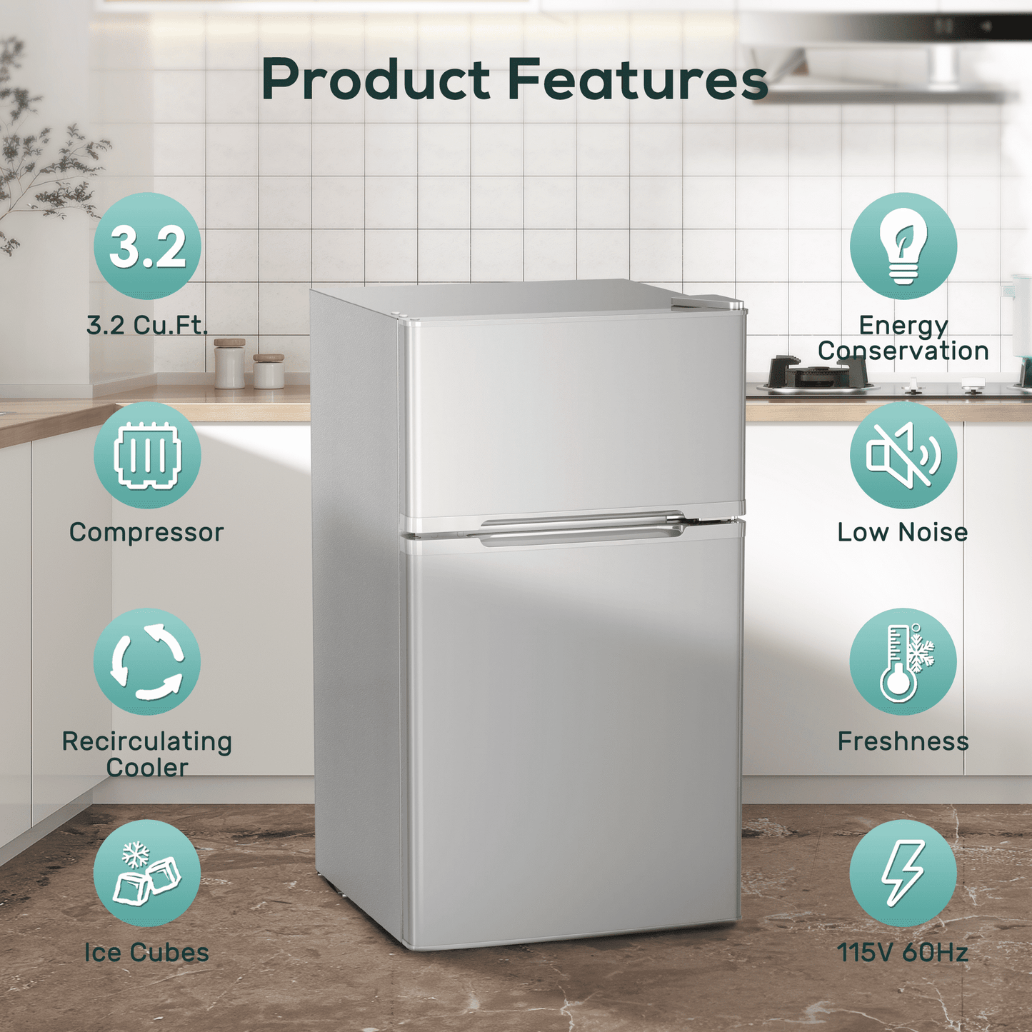 Auseo Double Door 3.2 Cu. ft Compact Refrigerator with Top Door Freezer, Freestanding Mini Fridge with Adjustable Temperature, Grey