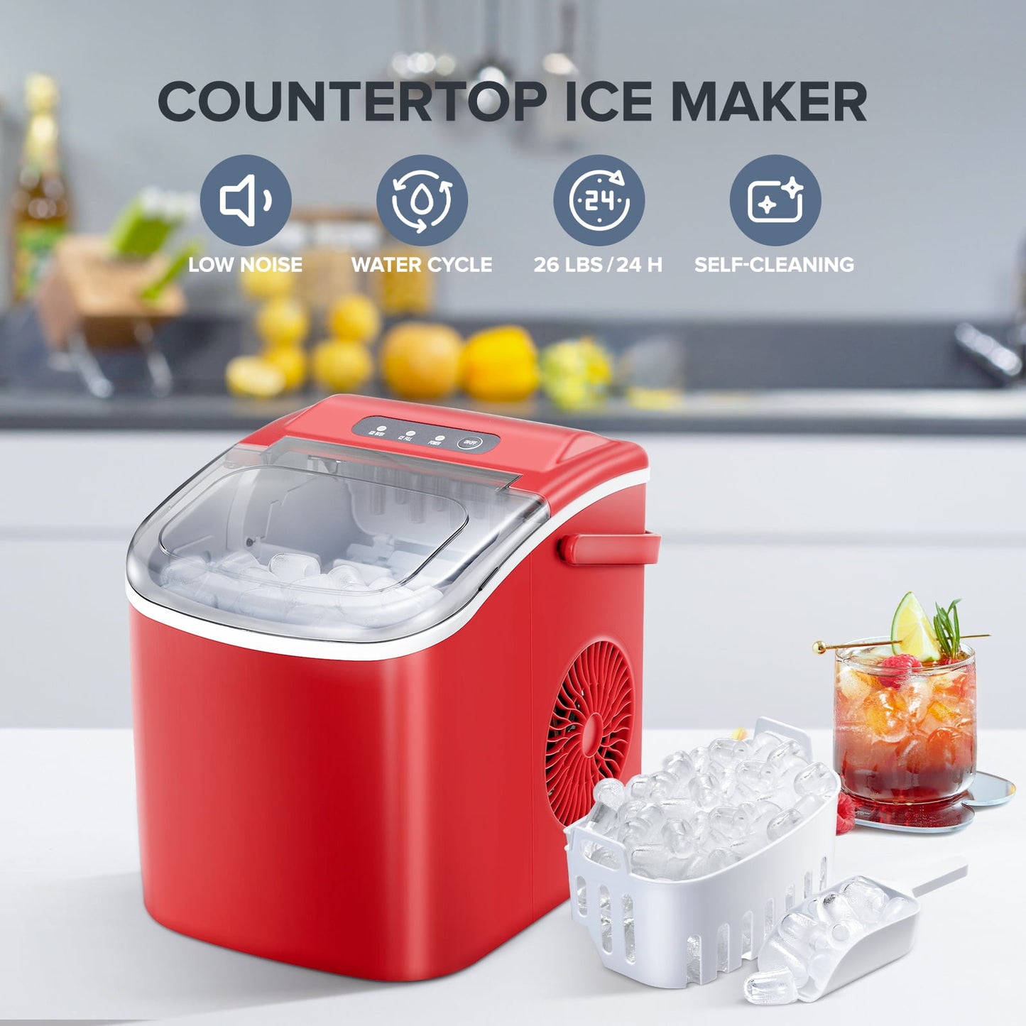 Auseo Countertop Ice Maker, Portable Ice Machine with Self-Cleaning, 26Lbs/24H, 9 Ice Cubes Ready in 6 Mins, for Home/Kitchen/Bar, Garnet Red