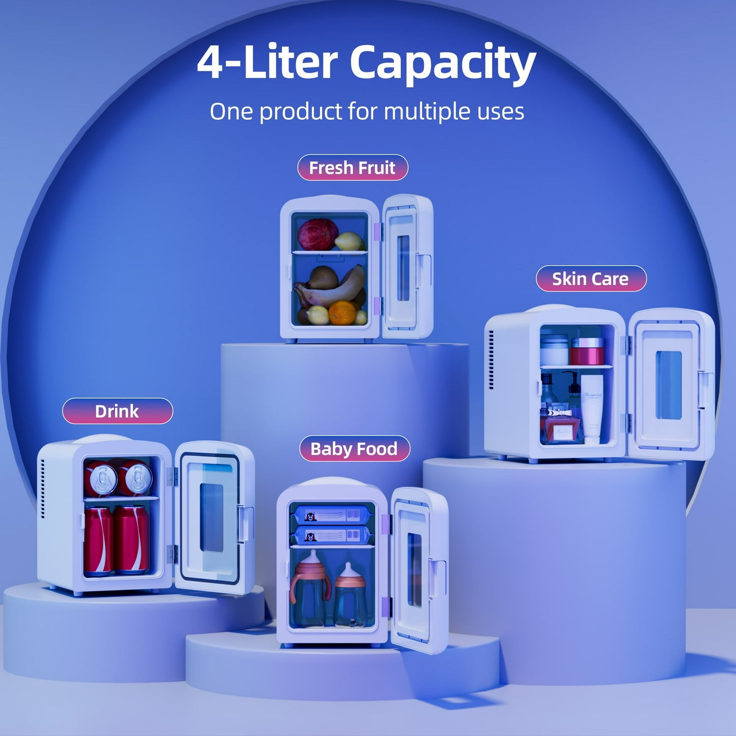 Auseo 4L Mini Fridge Personal with LED, Portable Cooler & Warmer for Bedroom, Office, Car, Small Refrigerator for Skincare, Drinks & Gaming Room, AC/DC Powered, White
