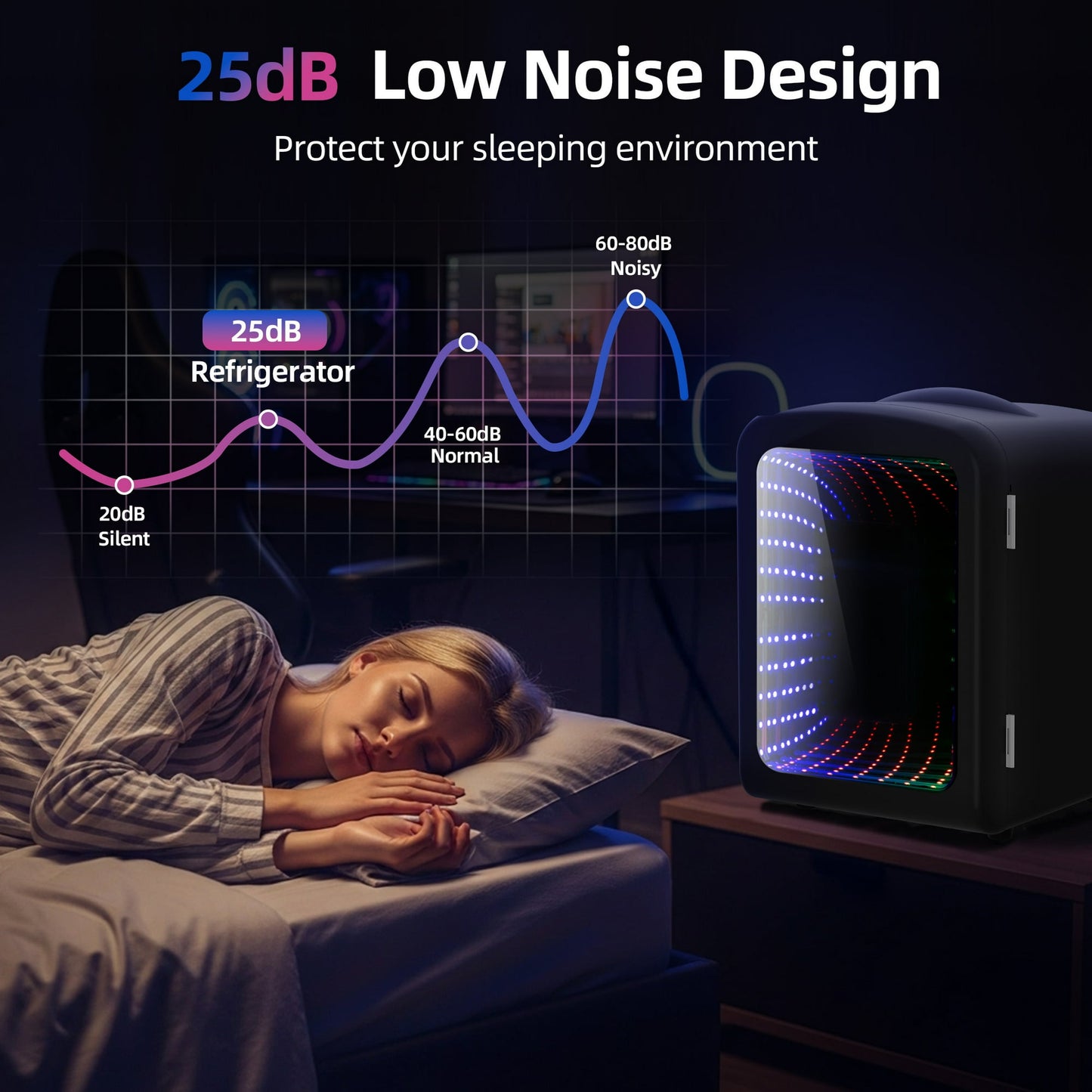 Auseo 4L Mini Fridge Personal with LED, Portable Cooler & Warmer for Bedroom, Office, Car, Small Refrigerator for Skincare, Drinks & Gaming Room, AC/DC Powered, Black