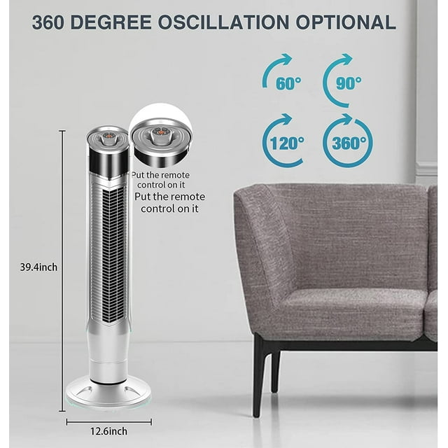 Auseo Tower Fan, Standing Fan Oscillating, Room Fan, Portable Bladeless, Quiet Floor Fan with Remote, 6 Speeds, 3 Modes, 24H Timer for Bedroom, and Home Office Use, (40-inch, SILVER)