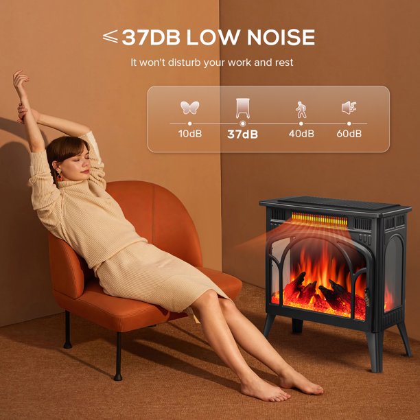 Auseo Electric Fireplace Heater 25’’ with 3D Realistic Flame Effect, Freestanding Fireplace, Different Flame Color, 500W/1500W,- Black