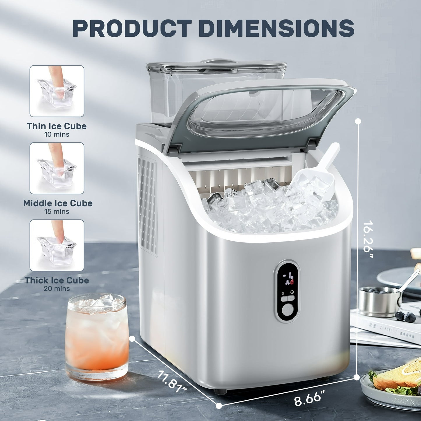 Auseo 45lbs/24H Ice Maker Countertop, 1.5+0.5L Large Water Tank, Cube Ice, Self-Cleaning, 24H Timer, Customizable Ice Making Time, Grey