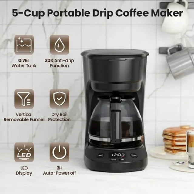 Auseo 5 Cup Coffee Maker, Coffee Machine with Programmable, 2-Hour Auto Shut-Off, Keep Warm Function for Home/Office/Coffee, Black
