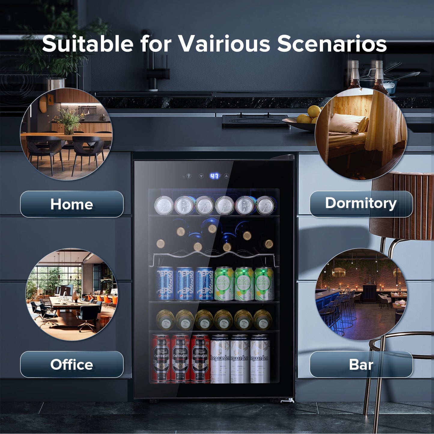 Auseo 145 Cans Beverage Refrigerator Cooler, Black Glass Door, Adjustable Shelf, Bar/Office/Home, Black