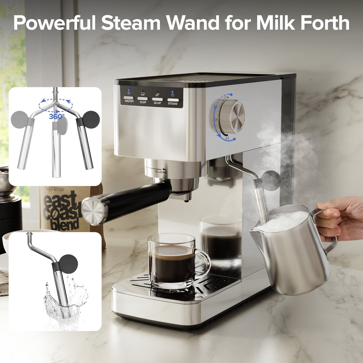 Auseo 20 Bar Espresso Machine with Milk Frother Steam Wand & 40oz Removable Water Tank, for Latte, cappuccino, Stainless Steel