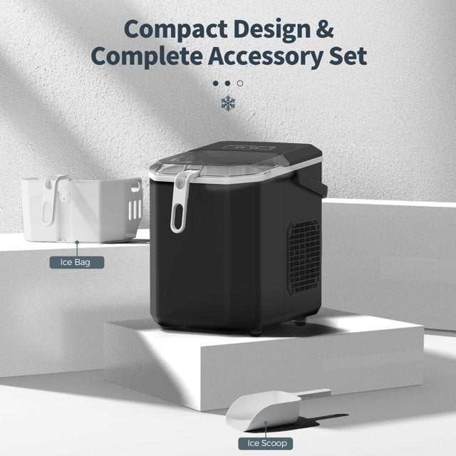Auseo Ice Makers Countertop, Ice Machine with Handle, 26Lbs in 24Hrs, 9 Cubes Ready in 6 Mins, Self-Cleaning Portable Ice Maker, 2 Sizes of Bullet Ice Cubes for Home and Office-Black