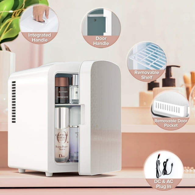 Auseo Mini Fridge Cooler Personal, Countertop, Portable 4L/6 Can Electric Plug In Cooler & Warmer for Food, Drinks, Skincare Beauty & Makeup, Stainless Steel, 12V AC/DC, Elegant White