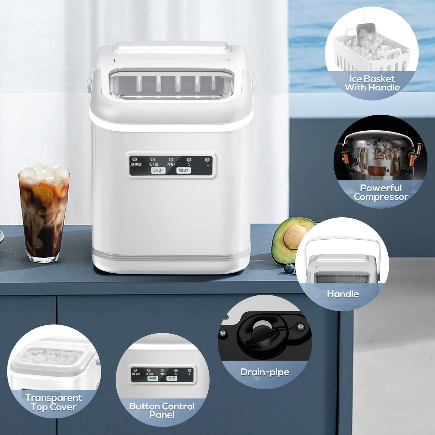 Auseo Countertop Ice Maker Machine with Handle, 26lbs in 24Hrs, 9 Ice Cubes Ready in 6-13 Mins, Auto-Cleaning Portable with Scoop Basket, for Home/Kitchen/Camping(White)