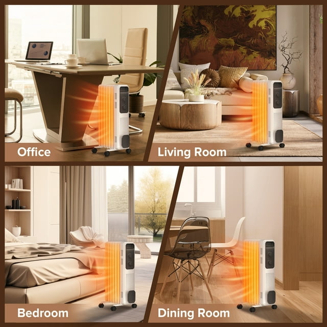 Auseo 1200W Electric Oil Filled Radiator Space Heater, Temperature Regulation, Safety Protection, Cord Storage, White