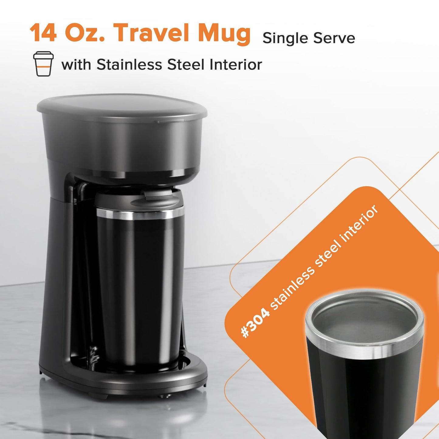 Auseo Mini Single Serve Coffee Maker Personal, 14Oz. Thermal Travel Mug with Stainless Steel Interior, Compatible with Coffee Grounds(Not Compatible with K-Cups), Reusable Filter, Black