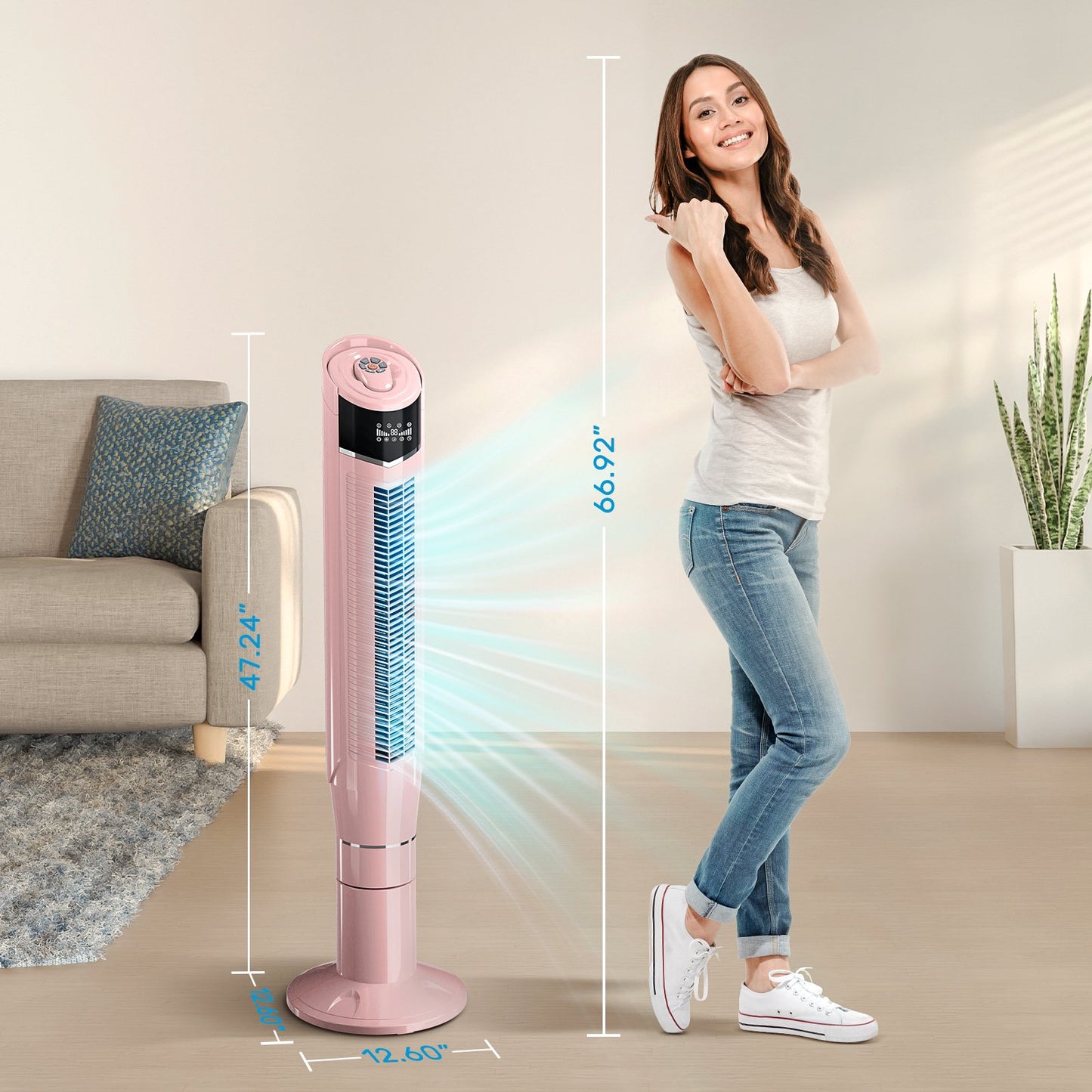 Auseo Tower Fan with Oscillation, Remote Control and LED Display, 3 Powerful Wind Modes, up to 24 H Timer Bladeless Standing Fan, Portable Fan for Children, Home, Dormitory or Office-Pink