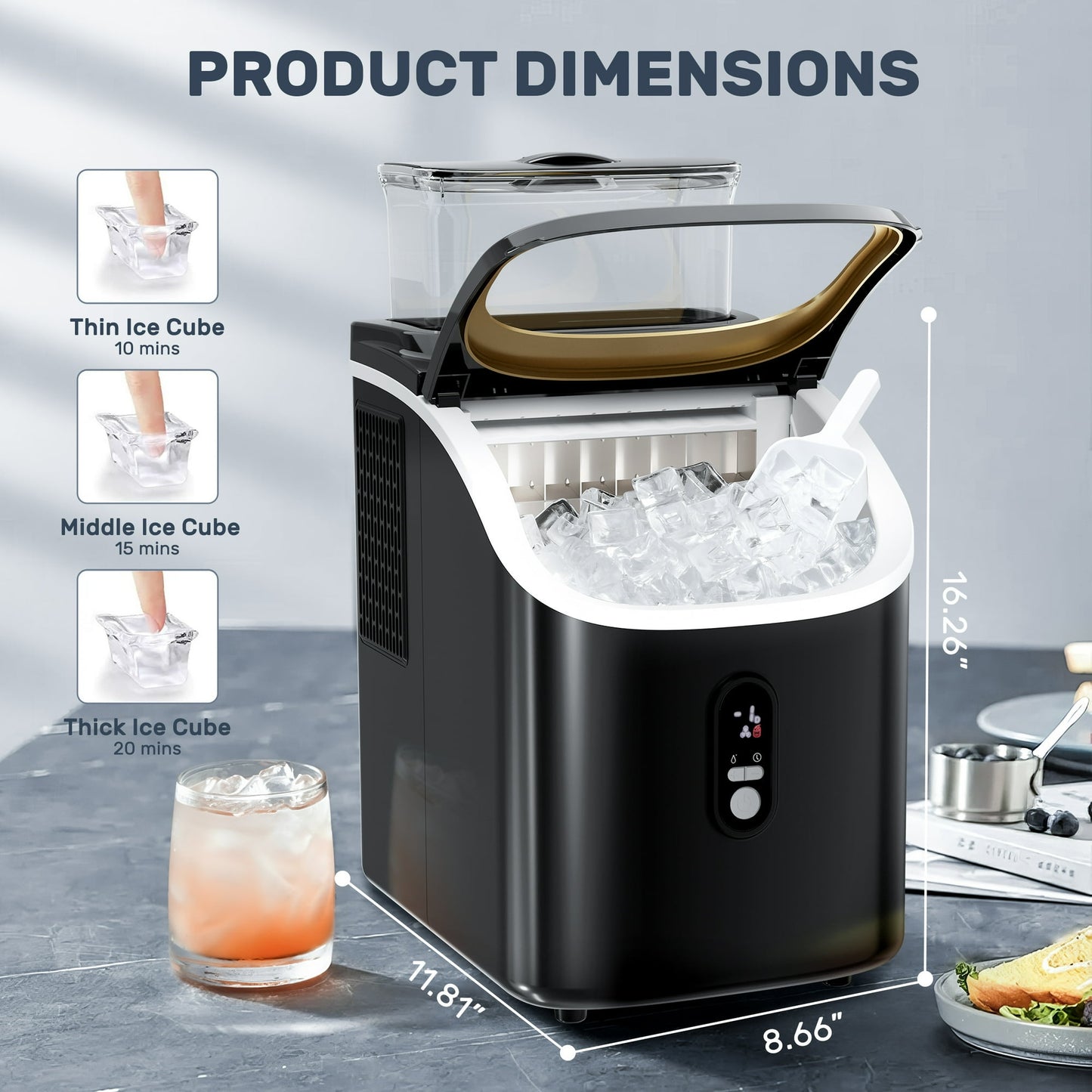 Auseo 45lbs/24H Ice Maker Countertop, 1.5+0.5L Large Water Tank, Cube Ice, Self-Cleaning, 24H Timer, Customizable Ice Making Time, Black