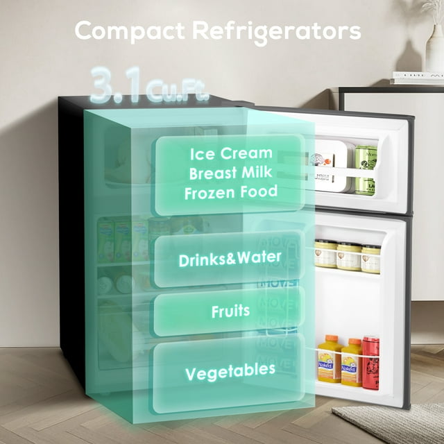 Auseo Double Door 3.2 Cu. ft Compact Refrigerator with Top Door Freezer, Freestanding Mini Fridge with Adjustable Temperature, Upright Freezer, Silver