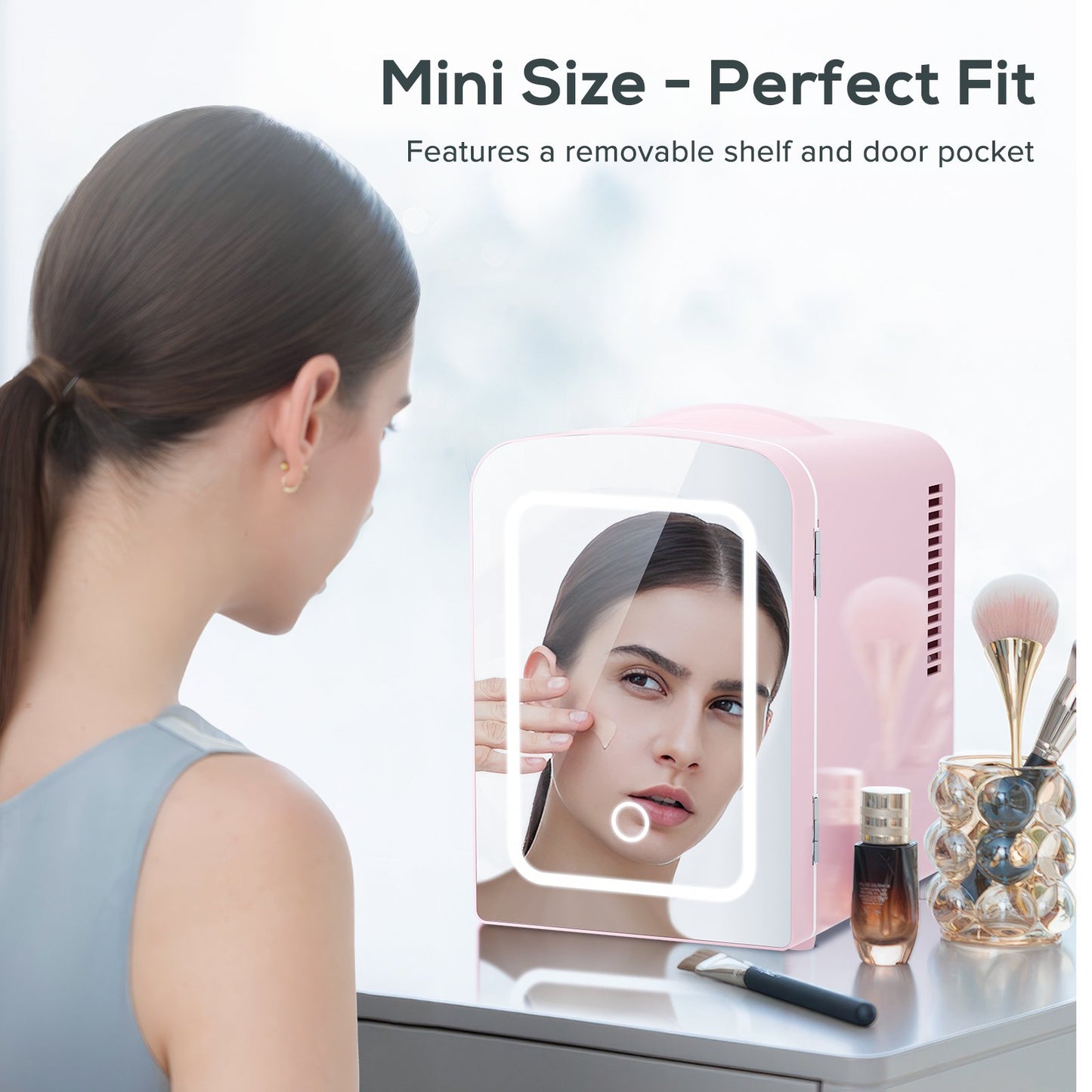 Auseo Mini Personal Fridge Cooler, LED Lighted Mirror, 4L Capacity Portable, Makeup and Skincare - AC/DC Refrigerator, Car, Office Desk & Dorm - Chills 6 Cans, Pink