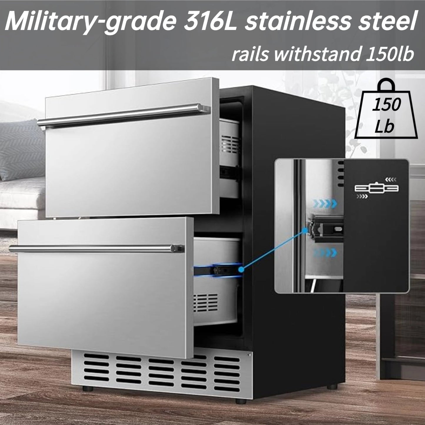 Auseo 24 inch Built-In Dual Drawer Refrigerator Commercial Undercounter Freezerless Cooler with Weather-Resistant Stainless Frame Space-Saving Appliance for Kitchen, Bar, Outdoor Use