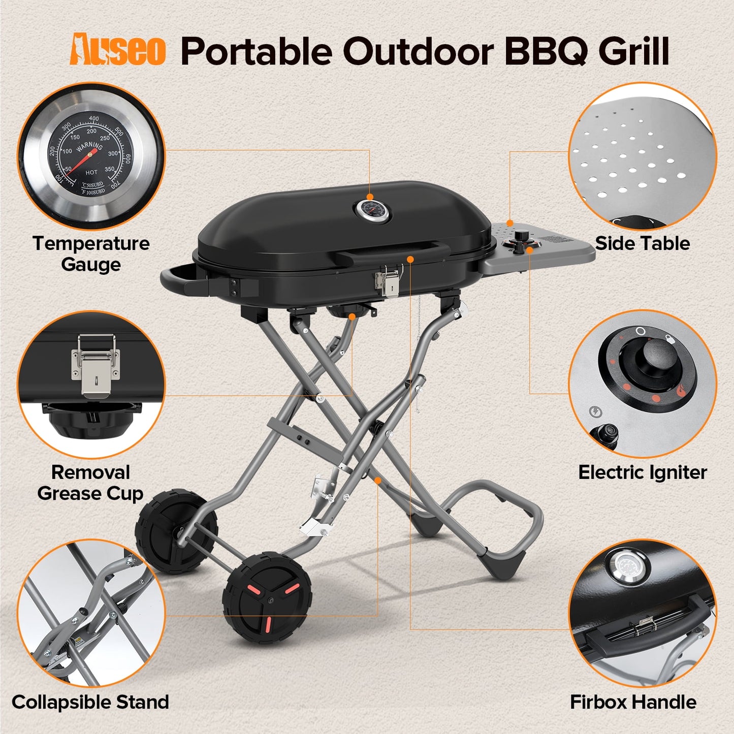 Auseo 2+1 Burner LPG Barbecue Grill (31000BTU) with Side Burner, Stainless Steel, Black
