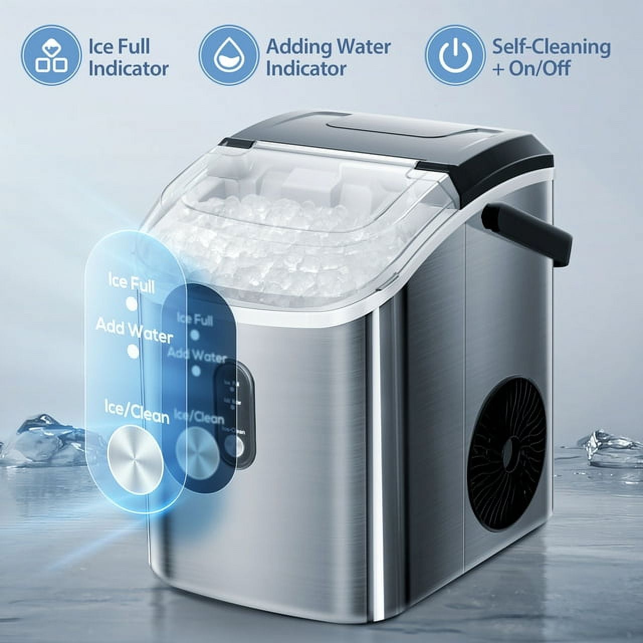 Auseo Nugget Ice Maker Countertop, 35Lbs/24H with Self-Cleaning, 6 Min/Round, for Home/Office/Bar, Stainless Steel-Silver