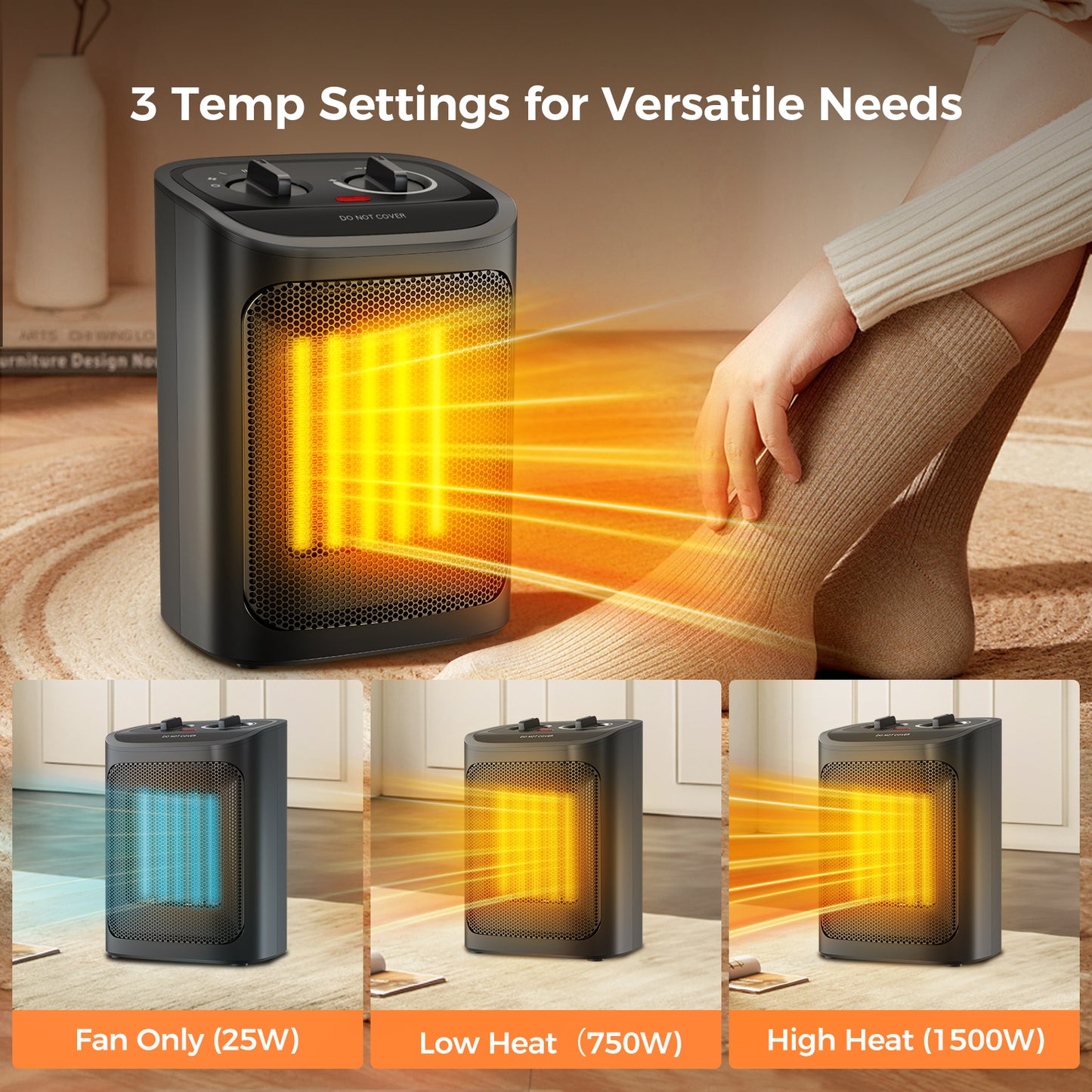 Auseo Space Heater, 750W/1500W, Ceramic Small Fan Heater for Indoor Use, 2S Rapid Heating, Multiple Safety Protection, Black