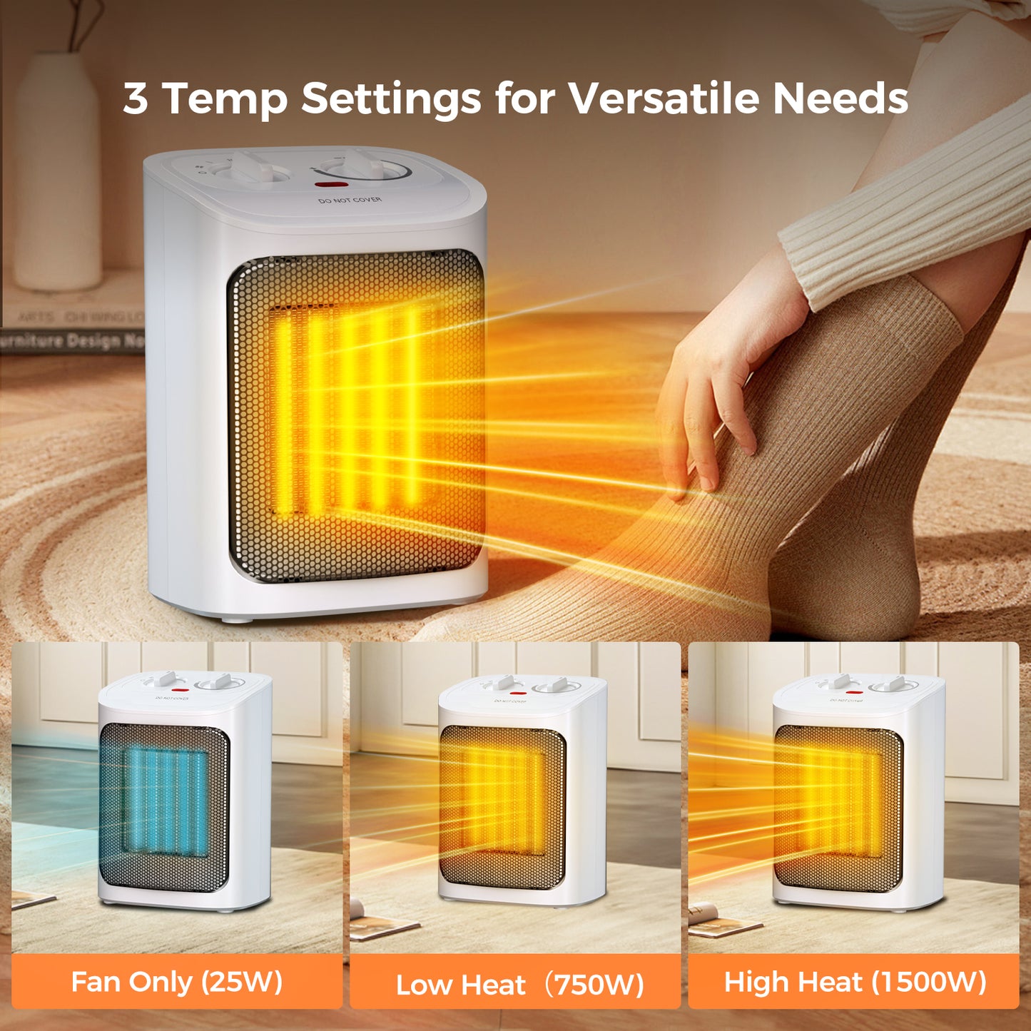 Auseo Space Heater, 750W/1500W, Ceramic Small Fan Heater for Indoor Use, 2S Rapid Heating, Multiple Safety Protection, White