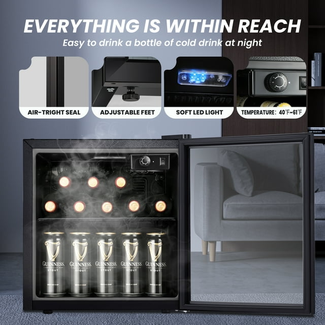 Auseo 1.3Cu. ft Beverage Refrigerator Cooler - 12 bottle and 48 Can MiNi Fefrigerator, Wine Cooler, MiNi Beverage Cooler Dispenser with clear Glass Door, Electronic Display and Led Lights for Soda,Bee