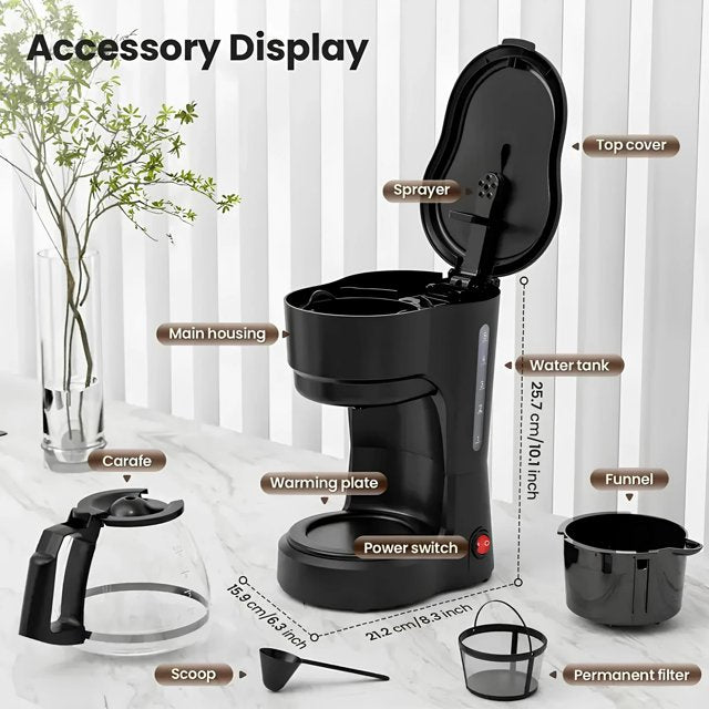 Auseo 5-Cup Drip Coffee Maker, Anti-Drip, Detachable Funnel, Filter, 700W Espresso Machine with Glass Carafe, Black