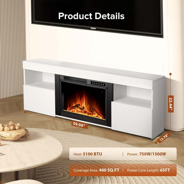 Auseo 60'' Electric Fireplace Mantel,Remote Control, Adjustable LED Flame, Free Standing Fireplace(White)