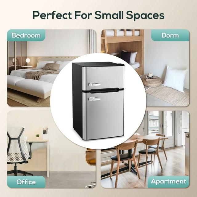 Auseo Double Door 3.2 Cu. ft Compact Refrigerator with Top Door Freezer, Freestanding Mini Fridge with Adjustable Temperature, Upright Freezer, Silver