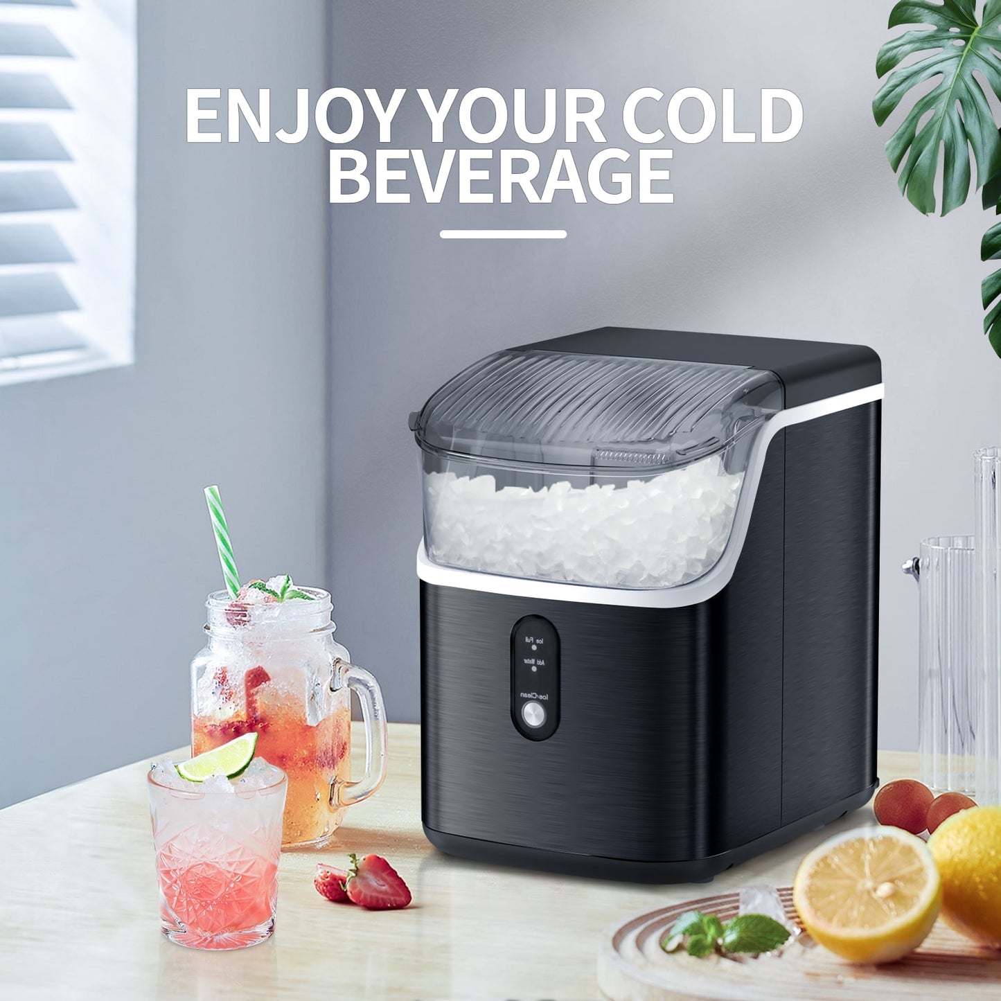 Auseo Nugget Ice Maker, 35lbs/24H with Self-Cleaning Function, Portable Sonic Ice Machine for Home/Office, Stainless Steel Black