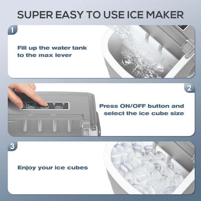 Auseo Pro Countertop Ice Maker, 2 Sizes of Bullet Ice, 26.5Lbs/24H, 9 Ice Cubes in 6 Mins, Portable Ice Machine with Self-Cleaning for Home/Party/Travel/Camping (Grey)