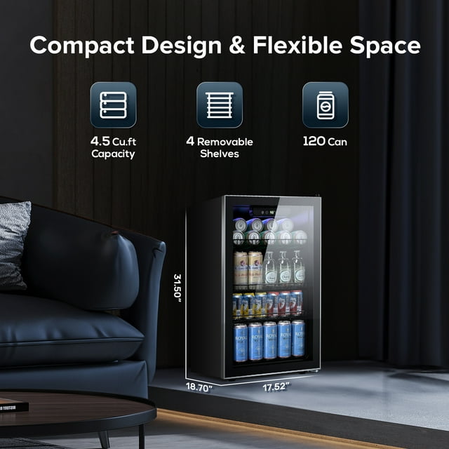 Auseo 3.2 Cu.ft Beverage Refrigerator Cooler -120 Can Mini Fridge with Glass Door, Small Refrigerator with Adjustable Shelves for Soda Beer or Wine, Perfect for Home/Bar/Office