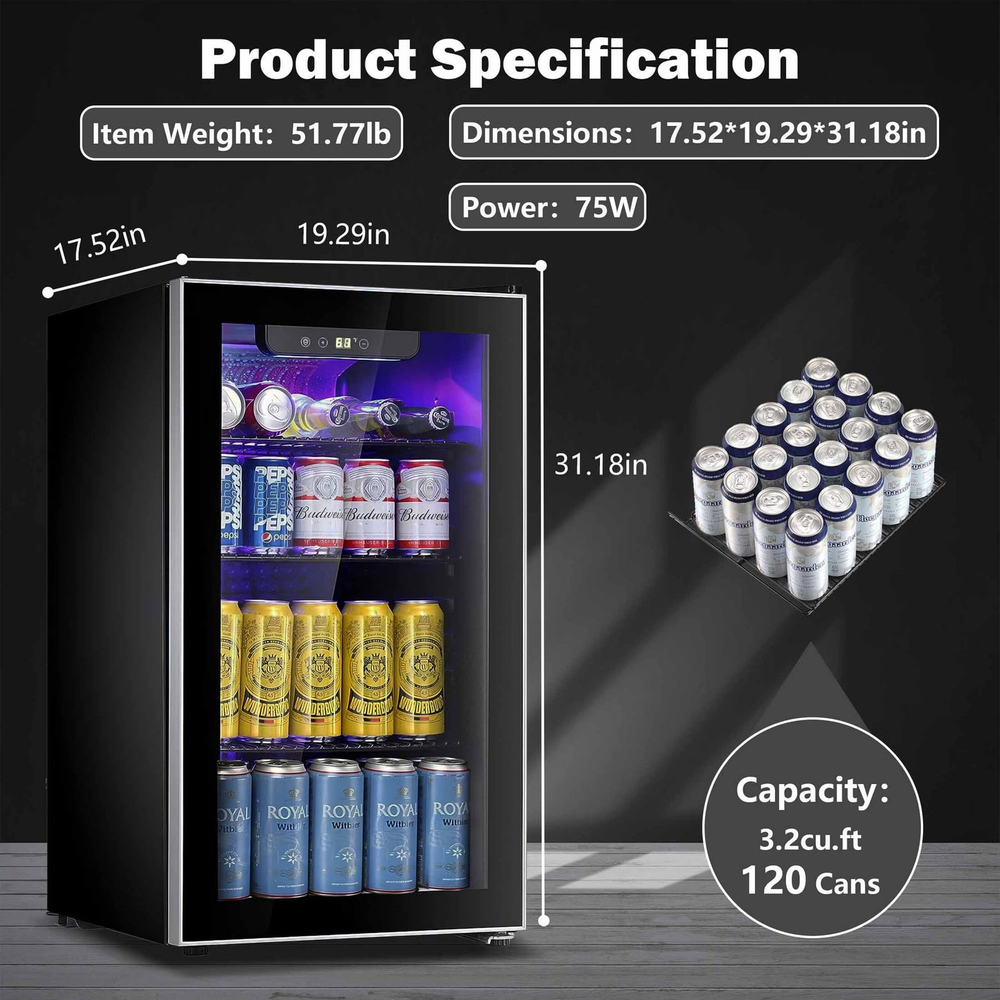 Auseo 3.2Cu.ft Beverage Refrigerator Cooler -120 Can Mini Fridge Glass Door for Soda Beer or Wine Dispenser Clear for Home/Bar/Office/Kitchen