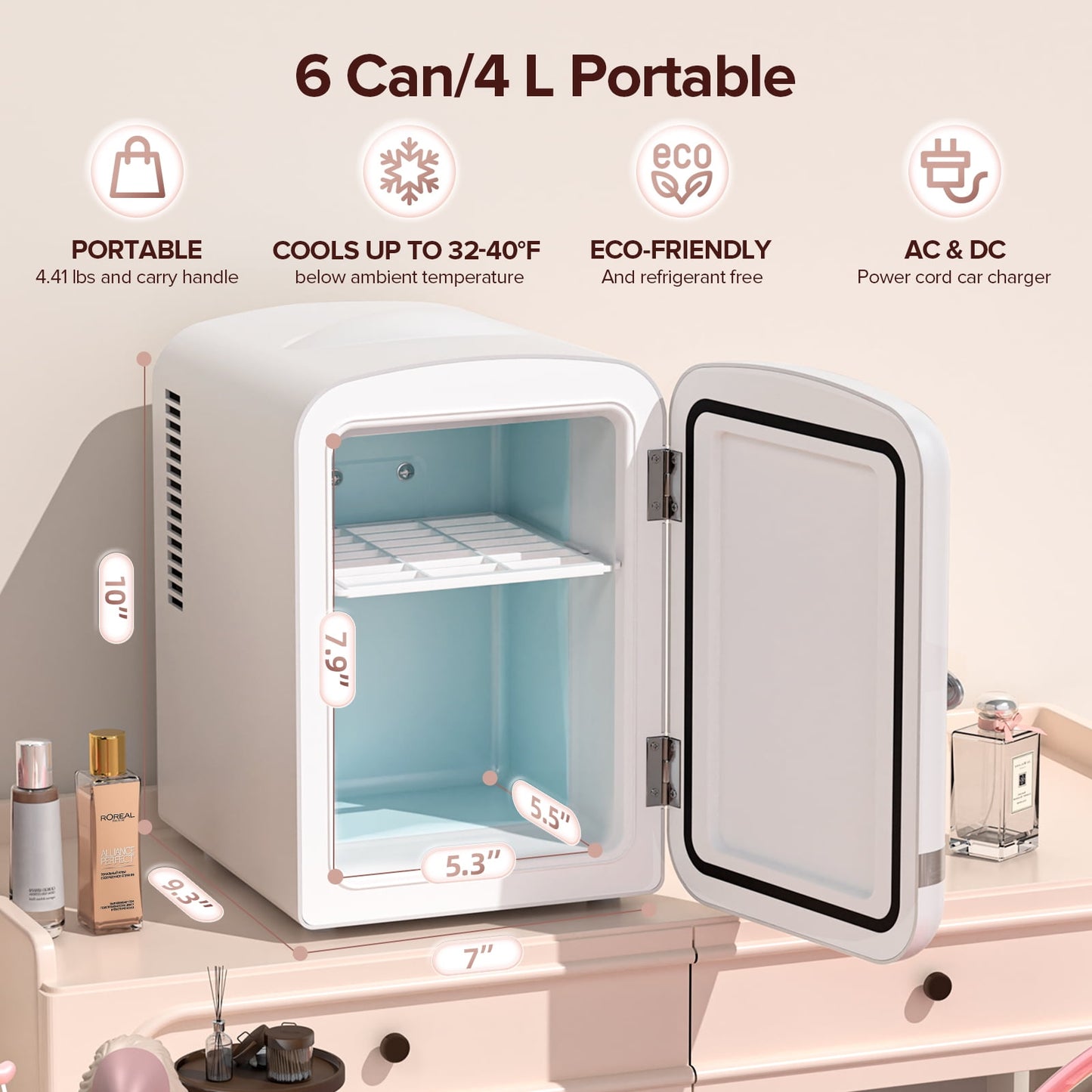 Auseo Mini Fridge Personal Beauty Refrigerator, 4 Liter, Includes Plugs for Home Outlet & DC Charger, Dorm, Bedroom, Table Top Beverage Cooler for Drinks, Soda, Wine - White