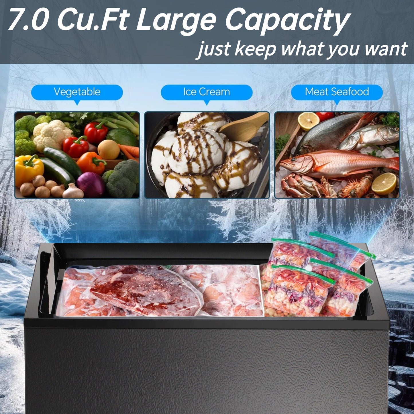 Auseo 7.0 Cubic Feet Chest Freezer with 3 Removable Basket, Free Standing Top Open Door Compact Deep Freezer with Adjustable Temperature for Home/Kitchen/Office/Garage/Bar
