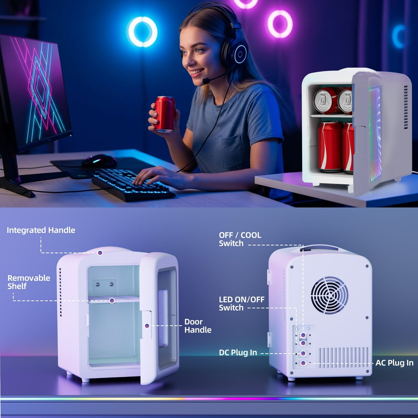 Auseo 4L Mini Fridge Personal with LED, Portable Cooler & Warmer for Bedroom, Office, Car, Small Refrigerator for Skincare, Drinks & Gaming Room, AC/DC Powered, White