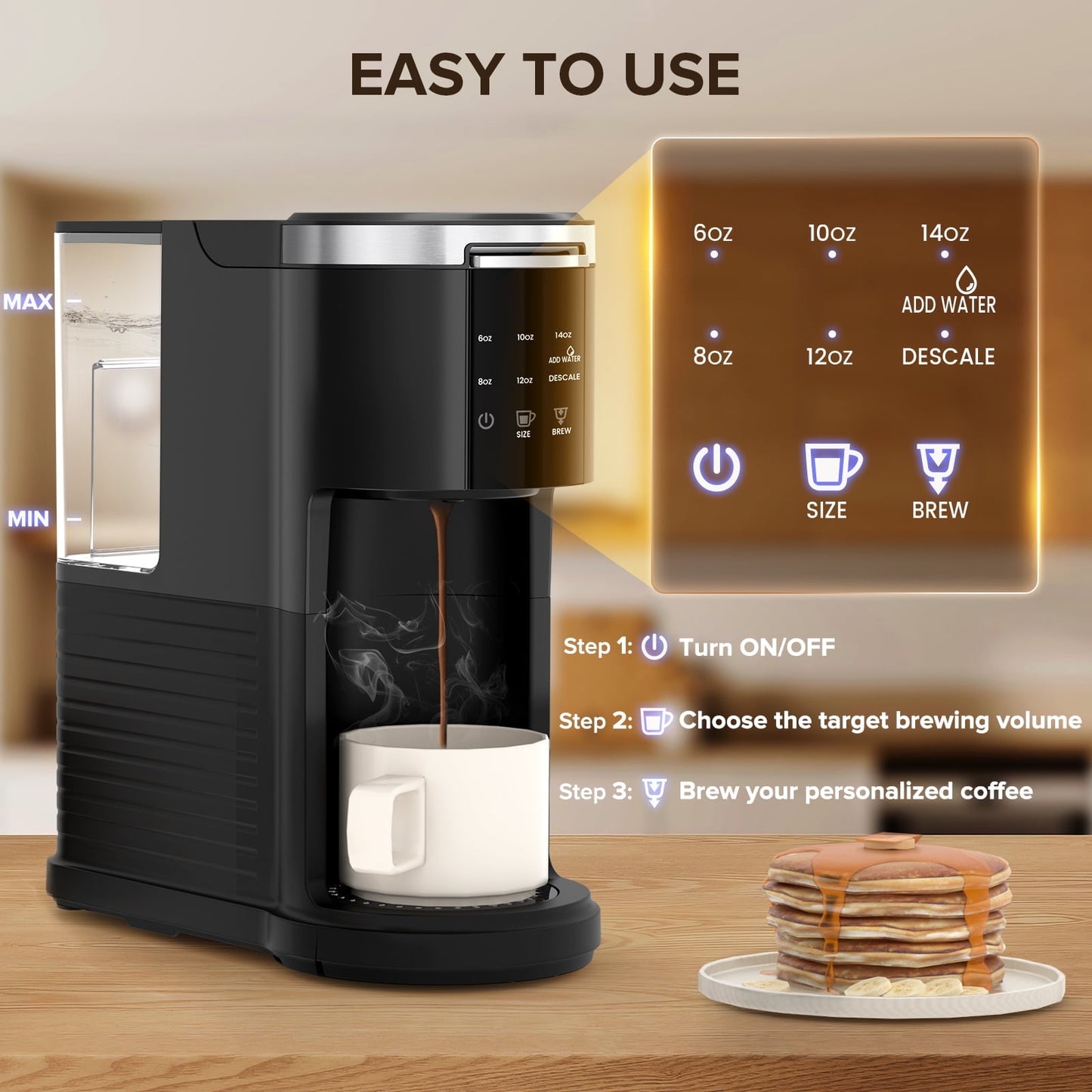 Auseo 2.0 1200W Single Serve Coffee Maker for K-Cup Pod and Ground Coffee Compatibility, Fast Heating, 40oz Removable Water Reservoir, Black for Home/Office/RV