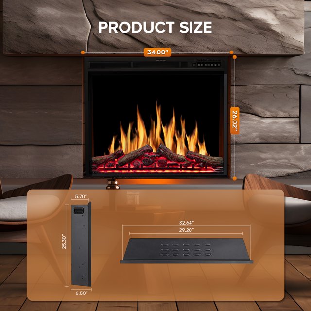 Auseo 34 Inch Electric Fireplace Insert, Three 3D Color, Timer&Remot Control, Adjustable Flame Speed, Touch Screen, 750W/1500W
