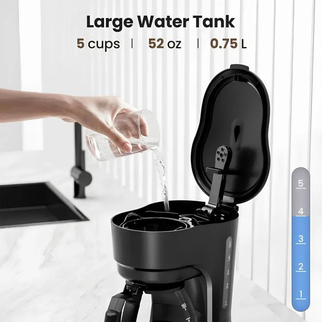 Auseo 5-Cup Drip Coffee Maker, Anti-Drip, Detachable Funnel, Filter, 700W Espresso Machine with Glass Carafe, Black