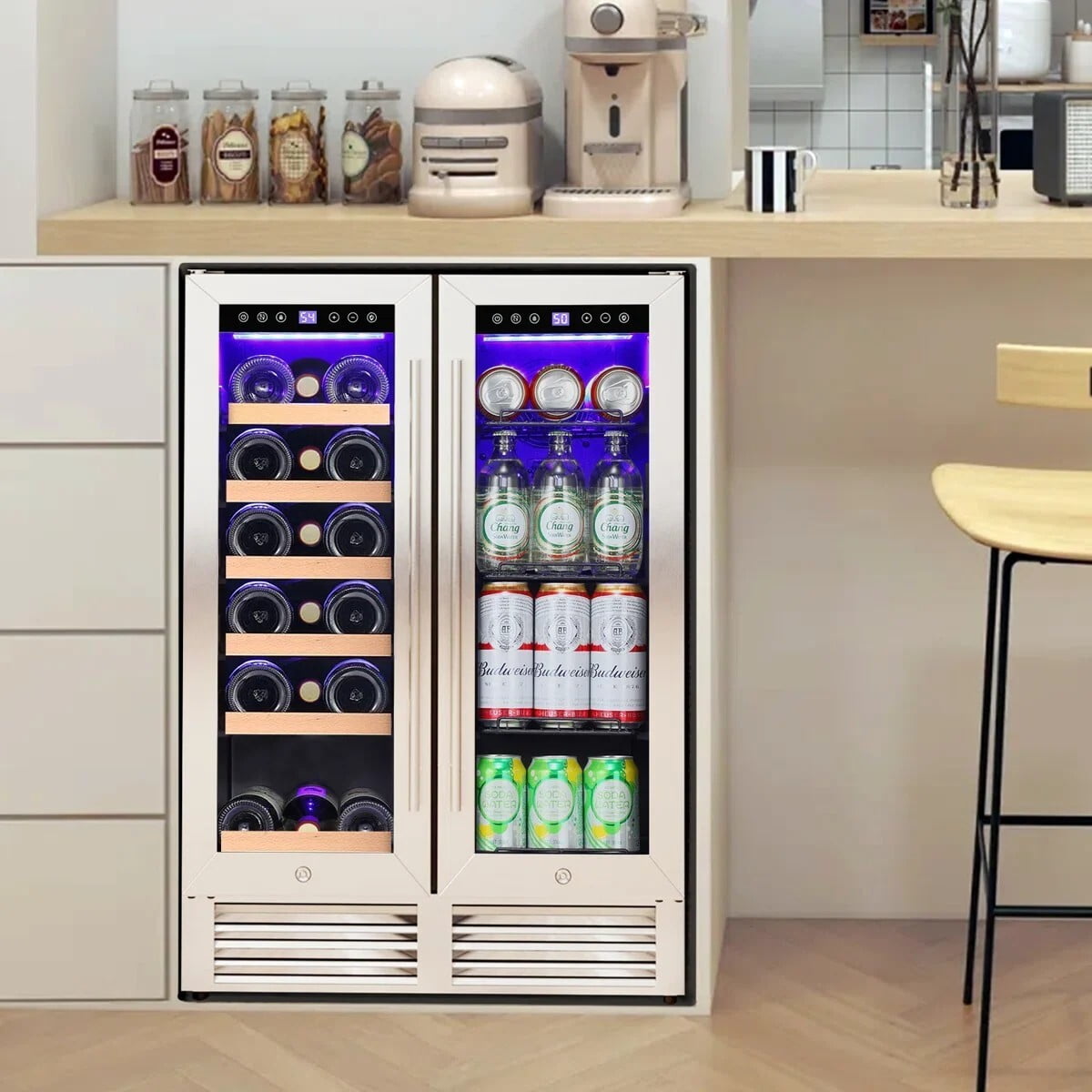 Auseo 24 inch Beverage Refrigerator, 18 Bottle 62 Can Built-In /Dual Zone Wine Fridge,Beer Cooler with Touch Control & Safety Lock for Home/Bar/Office
