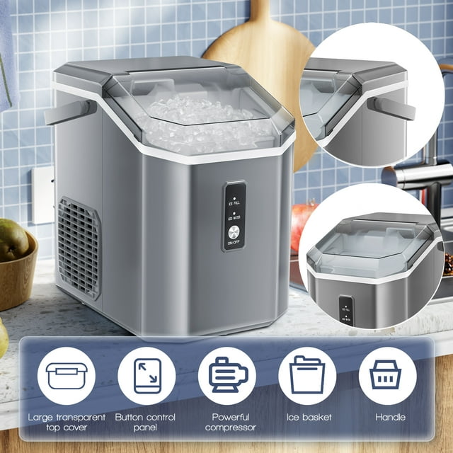 Auseo Nugget Ice Maker Countertop with Soft Chewable Pellet Ice, Portable Ice Machine with Handle, 34lbs/24H, for Kitchen/Office/Party (Grey)