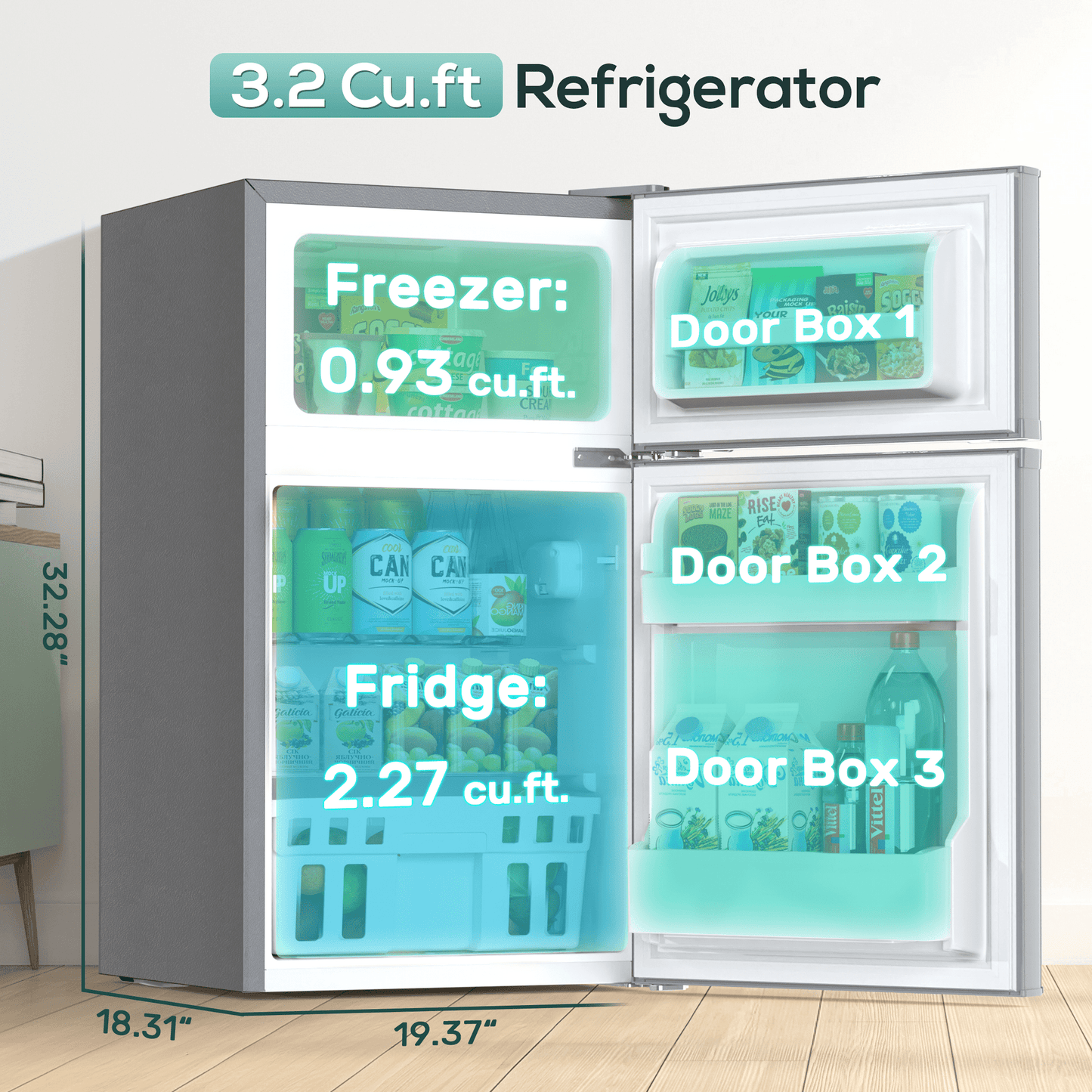 Auseo Double Door 3.2 Cu. ft Compact Refrigerator with Top Door Freezer, Freestanding Mini Fridge with Adjustable Temperature, Grey