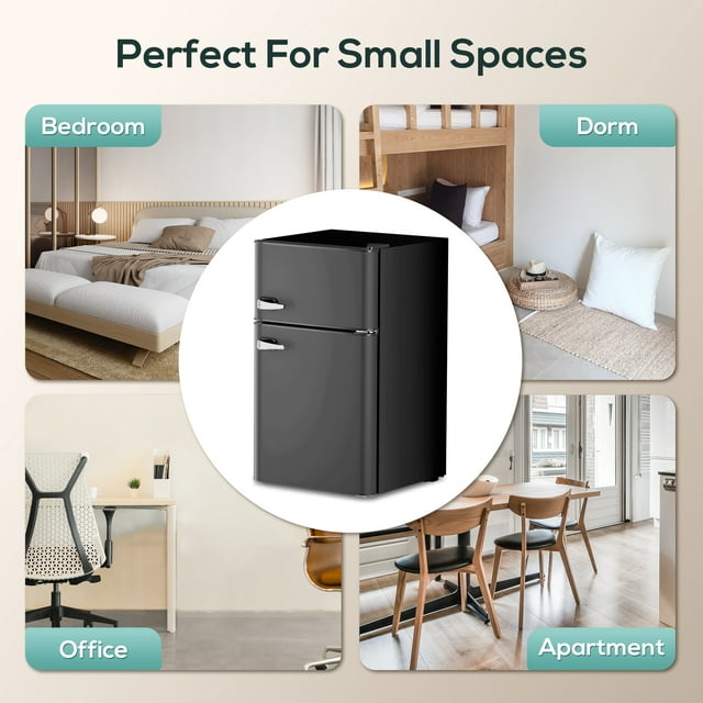 Auseo 3.2 Cu.Ft Double Door Mini Fridge with Freezer, Compact Retro Refrigerator for Dorm, Office, Bar, RV, Bedroom, Black