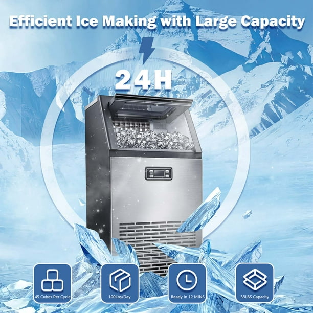 Auseo Commercial Ice Maker Machine, 100Lbs/Day, 45 Cubes/Batch in 11-20 Mins, Stainless Steel Freestanding Ice Maker with 2 Self-Cleaning,Water Inlet Modes for Home/Restaurant/Bar