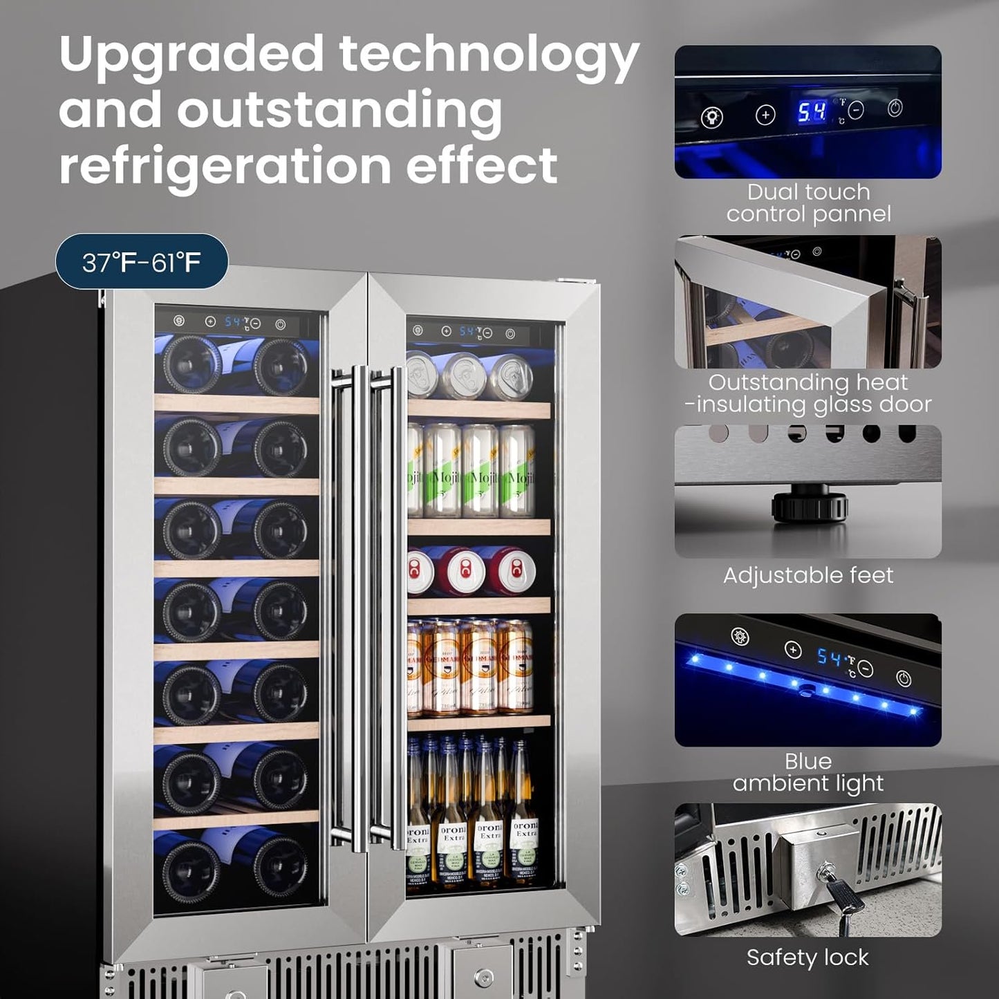 Auseo 24" Wine Cooler, 20 Bottle and 88 Cans Dual Zone Beverage Refrigerator with Glass Door, Built-in or Freestanding Wine/Beer/Beverage Fridge with Blue LED Light
