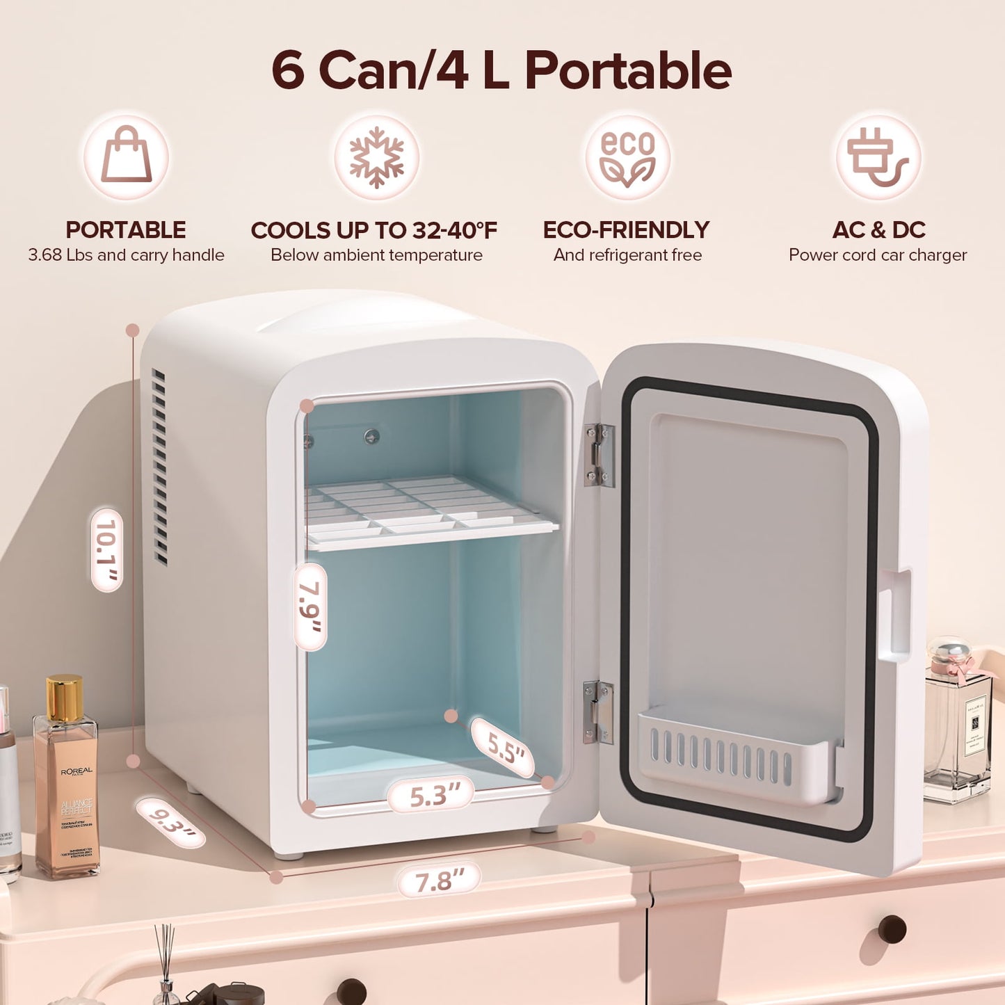 Auseo Mini Fridge Cooler Personal, Countertop, Holds up to 4L/6 Cans, Front Door Stainless Steel, Fridge Magnet(Freebies), Option for Skincare, Makeup, Drinks, Elegant White