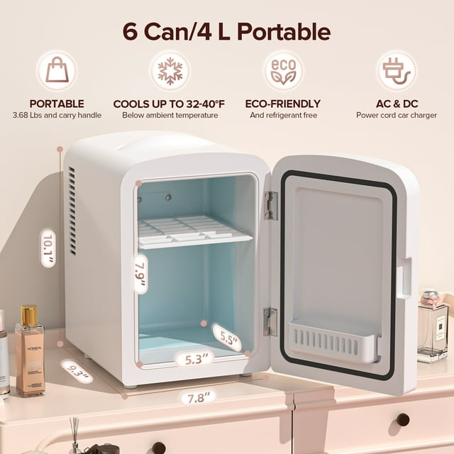 Auseo Mini Fridge Cooler Personal, Countertop, Portable 4L/6 Can Electric Plug In Cooler & Warmer for Food, Drinks, Skincare Beauty & Makeup, Stainless Steel, 12V AC/DC, Elegant White