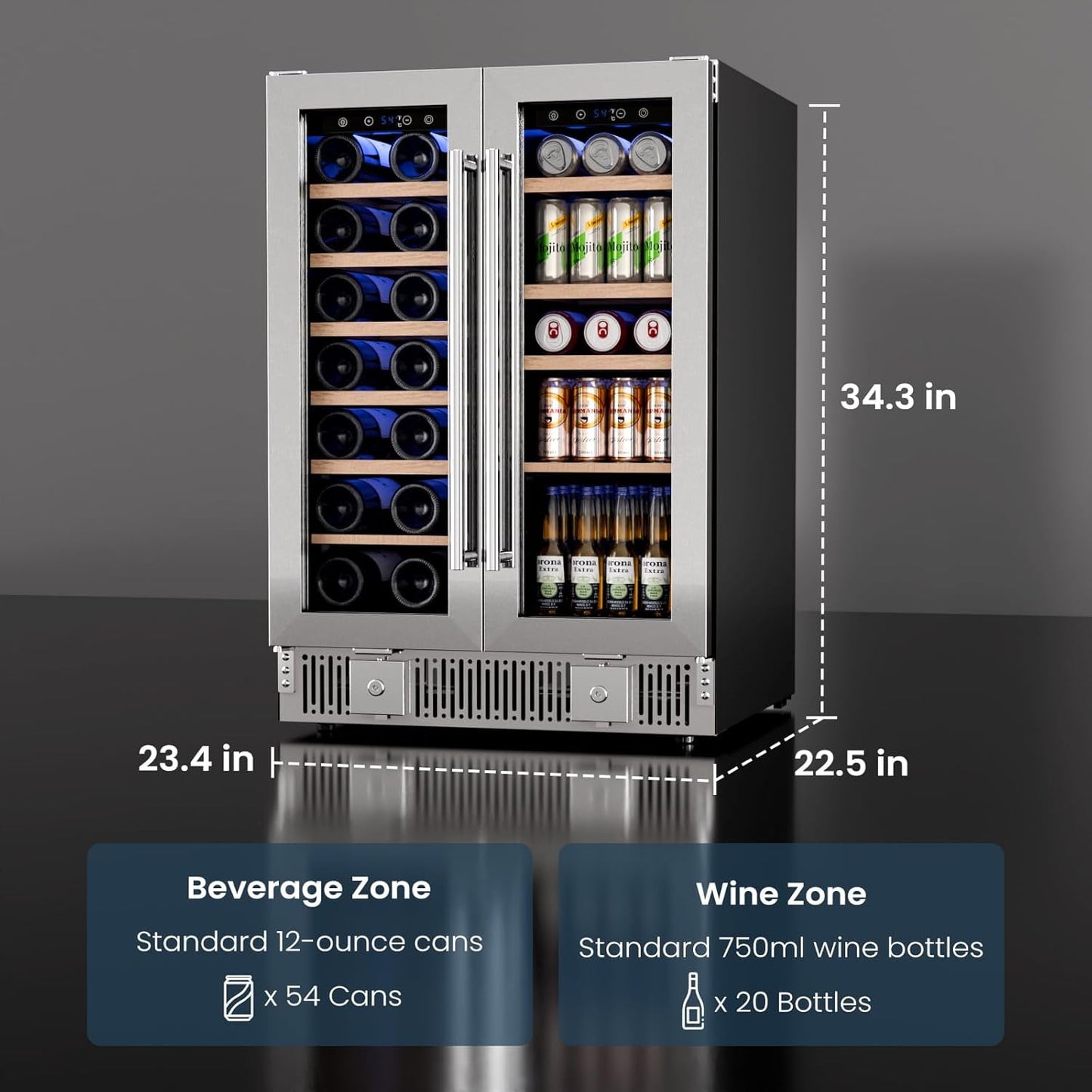 Auseo 24" Wine Cooler, 20 Bottle and 88 Cans Dual Zone Beverage Refrigerator with Glass Door, Built-in or Freestanding Wine/Beer/Beverage Fridge with Blue LED Light